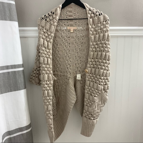 REBECCA TAYLOR Cream Ivory Crochet Open Knit Dolman Cocoon Sweater Cardigan XS/S - Picture 7 of 13